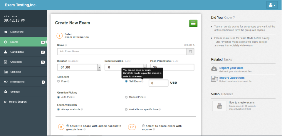 screenshot of Exam Testing
